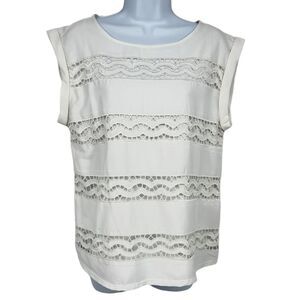 Sleeveless Top Cream Lace Detail Blouse Casual Elegant‎
